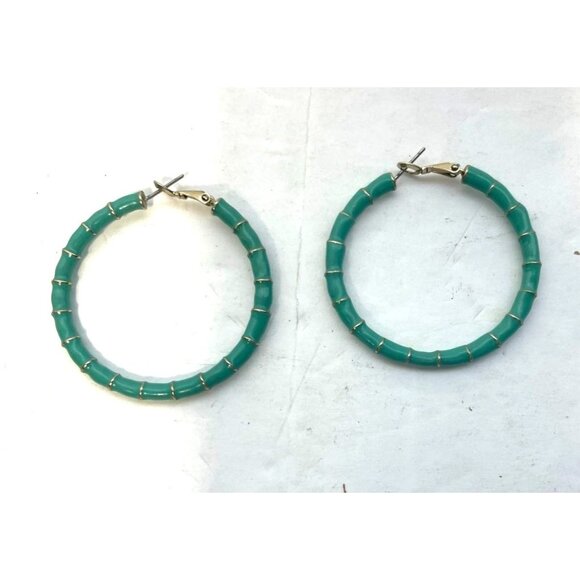 Turquoise Enamel Segmented Hoop Earrings With Omega Backs 1.75" Diameter - Picture 4 of 6